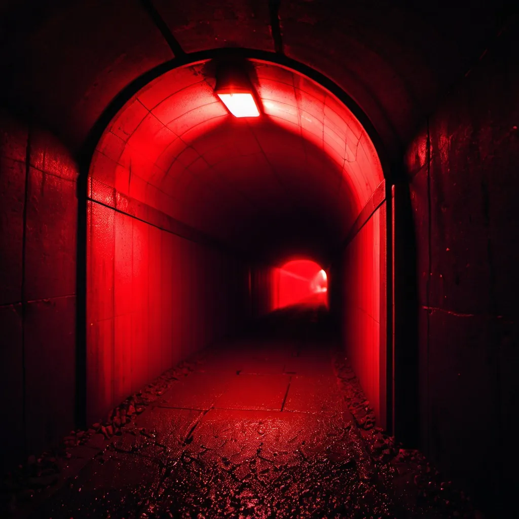 Prompt: Dark tunnel, red light pouring in through a small entrance.