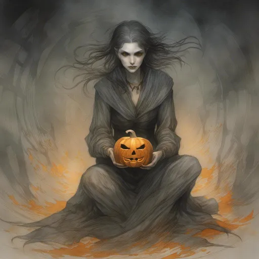 Prompt: <mymodel> (Horror theme) witch, glowing tattoos, golden eyes. Crouching holding a jack o lantern