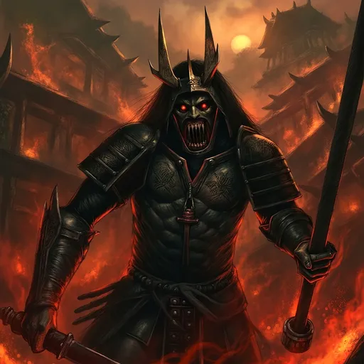 Prompt: Samurai (menpō with glowing red eyes), dynamic pose, fierce expression, traditional armor adorned with intricate details, Japanese town engulfed in flames in the background, warm and vibrant color palette, deep contrasts of shadows and firelight, high tension and dramatic ambiance, intense atmosphere, 4K, ultra-detailed, cinematic masterpiece.