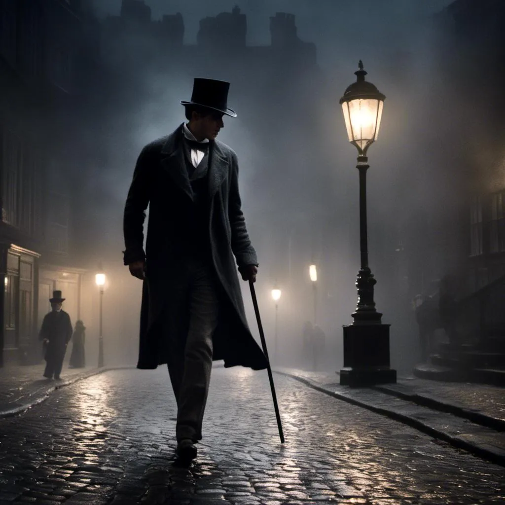 Prompt: <mymodel>(mymodel) man wearing top hat and wielding a cane and a knife, walking through old London streets, dark and mysterious atmosphere, moonlit night casting soft silvery light, cobblestone pathways reflecting faint glow, smoky fog swirling around historic buildings, dramatic shadows, high quality, cinematic depth, enchanting and eerie mood, capturing the essence of Victorian elegance.