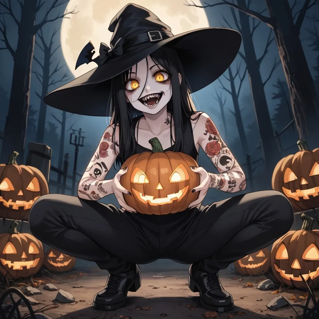 Prompt: (Horror theme) witch, glowing tattoos, golden eyes. Crouching holding a jack o lantern