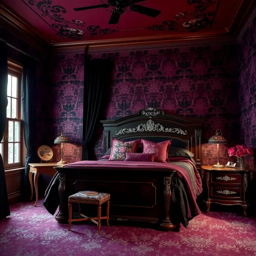 Prompt: Victorian style master bedroom. Dark purple back ground wall paper with black floral design on all the walls. Maroon colored ceiling, maroon colored blanket. Dark wood bed frame. Black curtains surrounding bed