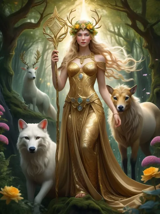 Prompt: (Norse goddess Freya), ethereal beauty, adorned in a flowing (golden gown), intricate patterns of Nordic designs, holding a shimmering (magical staff), surrounded by vibrant flowers and mythical animals, serene expression, soft (ambient lighting), in a mystical forest background, lush greenery, high quality, (ultra-detailed), (fantastical atmosphere).