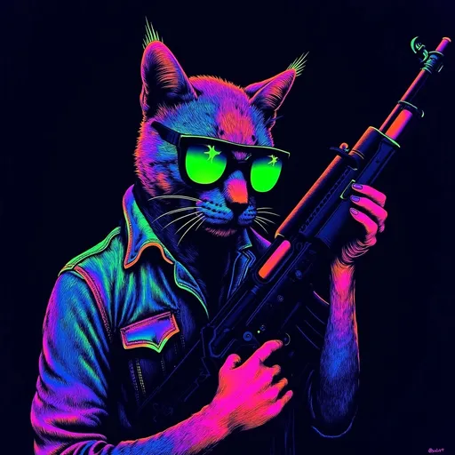 Prompt: Cat humanoid wearing sunglasses, denim jacket and holding an Ak-47.