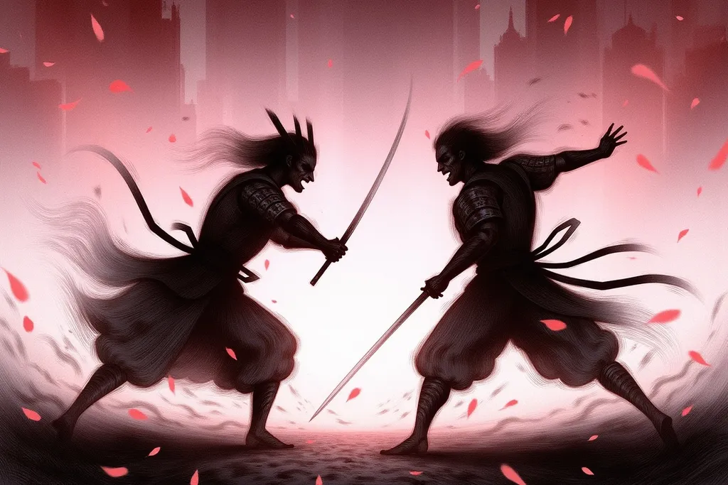 Prompt: Samurai duel, (dynamic pose), two dark silhouettes of samurai facing each other, gripping the hilts of their sheathed katanas with intensity, falling cherry blossoms creating a serene background, (high detail), soft pink bloom petals drifting down, (dramatic lighting), warm, rich tones highlighting ornate armor, (cinematic ambiance).