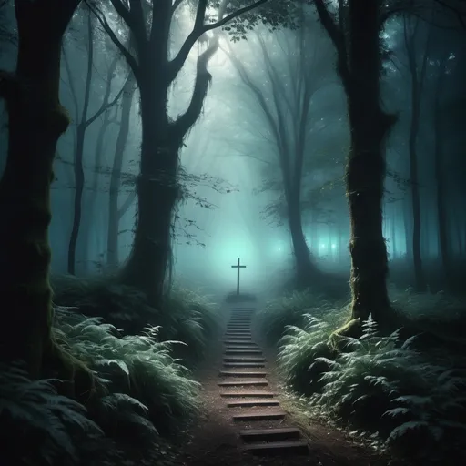 Prompt: (mystical dark forest), (wooden cross) (ray of light), ethereal atmosphere, dense trees shrouded in fog, luminescent shadows, deep greens and muted blues, enchanting and mysterious ambiance, soft beams illuminating the forest, high detail, cinematic quality, surreal and dreamlike mood, magical and serene landscape, sense of wonder and intrigue.