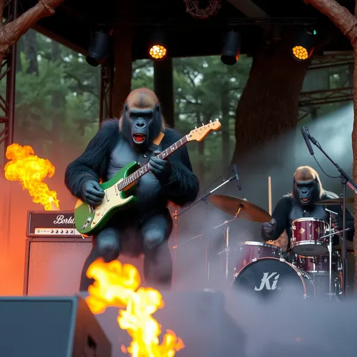 Prompt: Gorilla playing guitar. Gorilla playing drums. Forest stage. Giant amplifiers. Fire coming out of stage. Forest on fire.