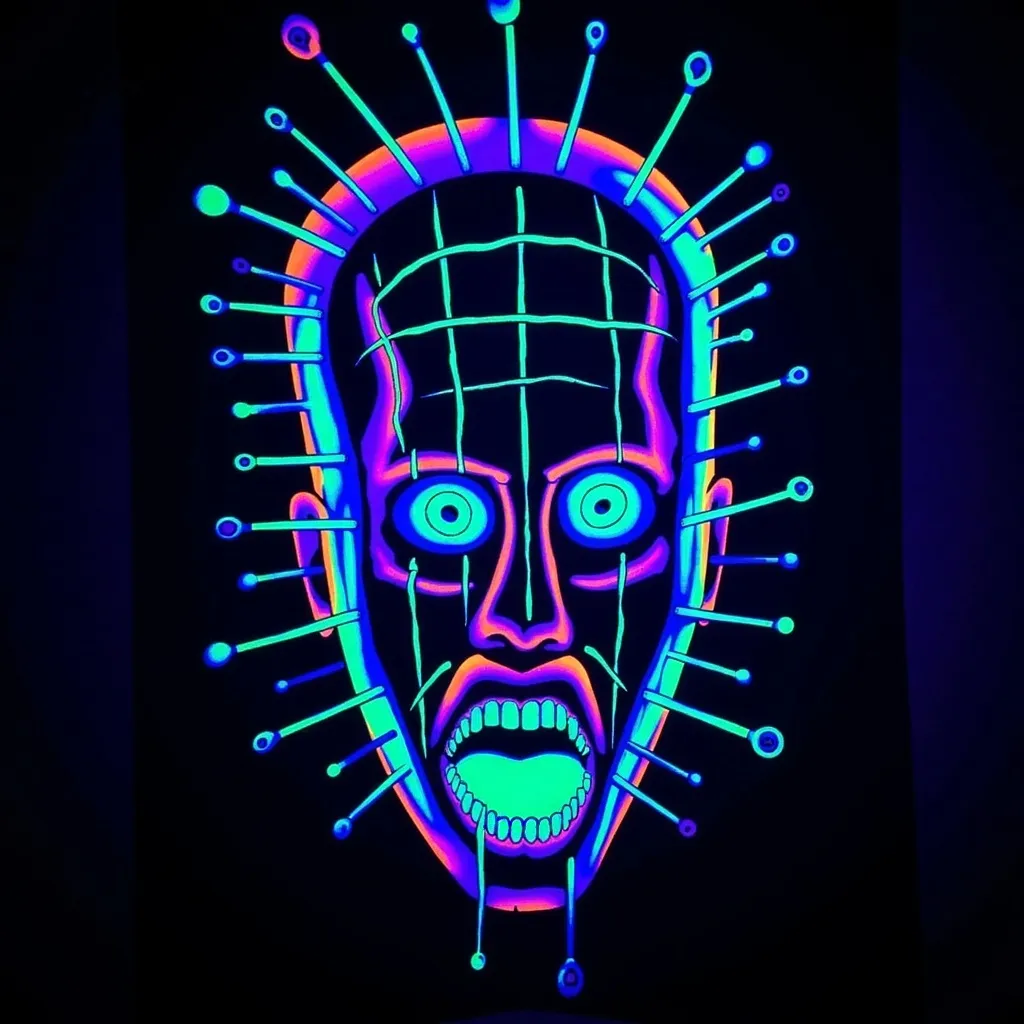 Prompt: Pin head (hellraiser) (black light art)