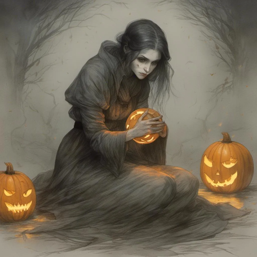 Prompt: <mymodel> (Horror theme) witch, glowing tattoos, golden eyes. Crouching holding a jack o lantern