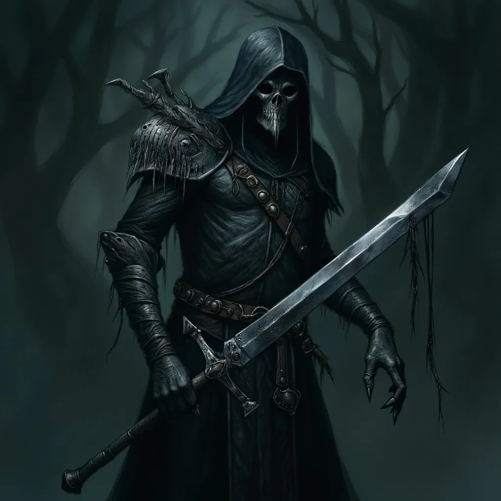 Prompt: Silver mask, black ornate armor, tattered cloak, pilgrim hat, bandolier, silver sword (glowing), moody and atmospheric lighting, high contrast shadows, epic fantasy scene, intricate details, darkened background with faint glimmers of light, captivating and mysterious vibe, focus on textures and craftsmanship, ultra-detailed, 4K quality.