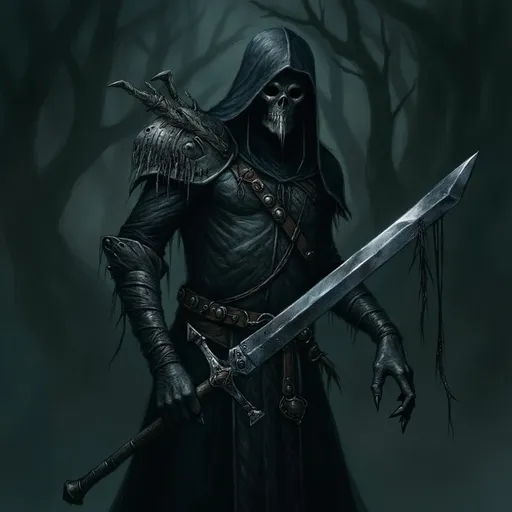 Prompt: Silver mask, black ornate armor, tattered cloak, pilgrim hat, bandolier, silver sword (glowing), moody and atmospheric lighting, high contrast shadows, epic fantasy scene, intricate details, darkened background with faint glimmers of light, captivating and mysterious vibe, focus on textures and craftsmanship, ultra-detailed, 4K quality.