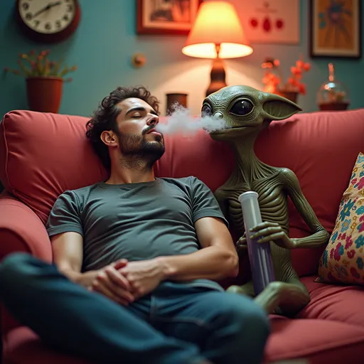 Prompt: (Man sitting on a couch, alien next to him, both smoking a bong), vibrant colors, whimsical atmosphere, humorous vibe, cozy interior with retro furnishings, soft lighting emphasizing relaxed expressions, detailed textures of the couch and alien features, high-quality, ultra-detailed, playful scenario that reflects a fictional friendship, featuring unusual props and a relaxing environment.