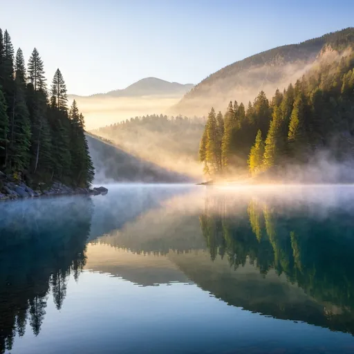 Prompt: A serene mountain lake at sunrise with mist rising from the water and trees reflecting on the surface.