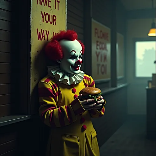 Prompt: (cropped image) McDonald's clown, holding a burger, hiding in a dark setting, eerie atmosphere, low resolution, grainy texture, retro vibes, dramatic shadows, unsettling mood, background obscured in darkness, captivating mystery, vintage film-like quality, dimly lit scene, hints of bright colors from the clown’s outfit contrasting with the gloom. Banner with accurate text: have it your way.