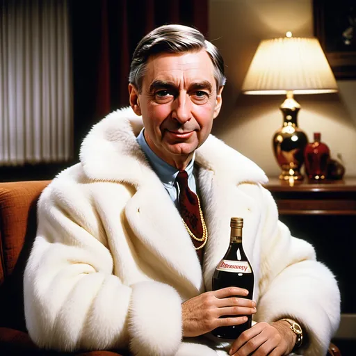 Prompt: Fred McFeely Rogers. Wearing a big white fur coat. Gold chain. Drinking a bottle of Hennessy. 