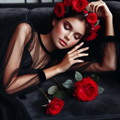 Prompt: Young woman, laying on black couch, wearing a crown made of roses, holding a rose in her hand, wearing a sheer dress.