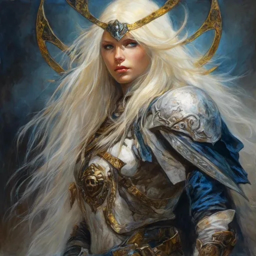 Prompt: <mymodel> Angel, clad in white and gold armor, long torn cloak, long white blond hair, deep blue neon eyes. Bright golden neon halo.