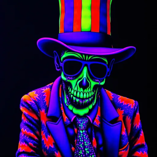 Prompt: (Baron Samedi), striking black light art, top hat, black tail coat, dark glasses, cotton plugs in nostrils, depicted as a corpse in Haitian style, skeletal features, or a skull-painted black man's face, dark and mystical ambiance, vibrant neon hues contrasting with shadows, ultra-detailed, surreal atmosphere, cultural symbolism, evoking themes of life and death, rich textures and depth, high quality.