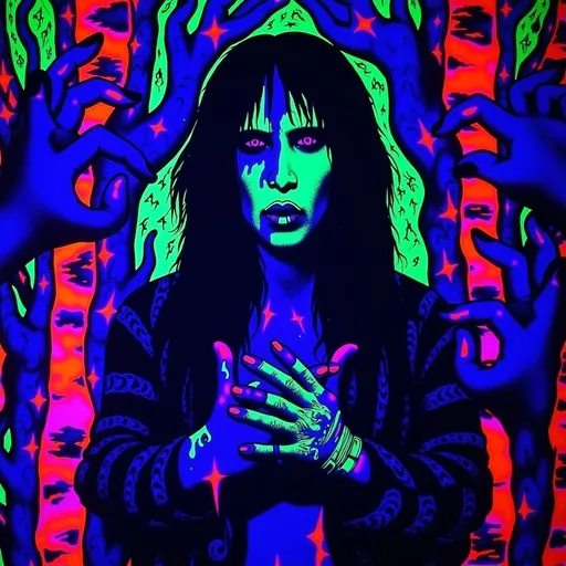 Prompt: (Marilyn Manson) under black light, striking poses, vibrant glowing colors, (abstract patterns) surrounding him, atmospheric mood, surreal visuals, illumination creates a dark yet captivating scene, ethereal glow enhancing his iconic features, ultra-detailed, high contrast, outdoors setting with haunting elements, psychedelic art style, immersive experience in a night environment, captivating and enigmatic.