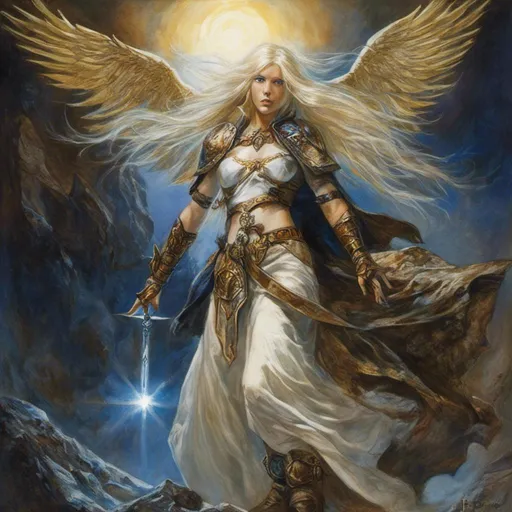 Prompt: <mymodel>(mymodel) Angel, in exquisite (white and gold armor), with an ethereal long (torn cloak), cascading (long white blond hair) flowing elegantly, possessing (deep blue neon eyes) radiating mystique, under a celestial ambiance. A luminous (bright golden neon halo) shines above, casting dramatic reflections in the atmosphere. The overall scene evokes a sense of holy wonder, captured in (ultra-detailed) quality, with vibrant colors and stunning lighting effects.