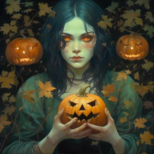 Prompt: <mymodel> (Horror theme) witch, glowing tattoos, golden eyes. Crouching holding a jack o lantern