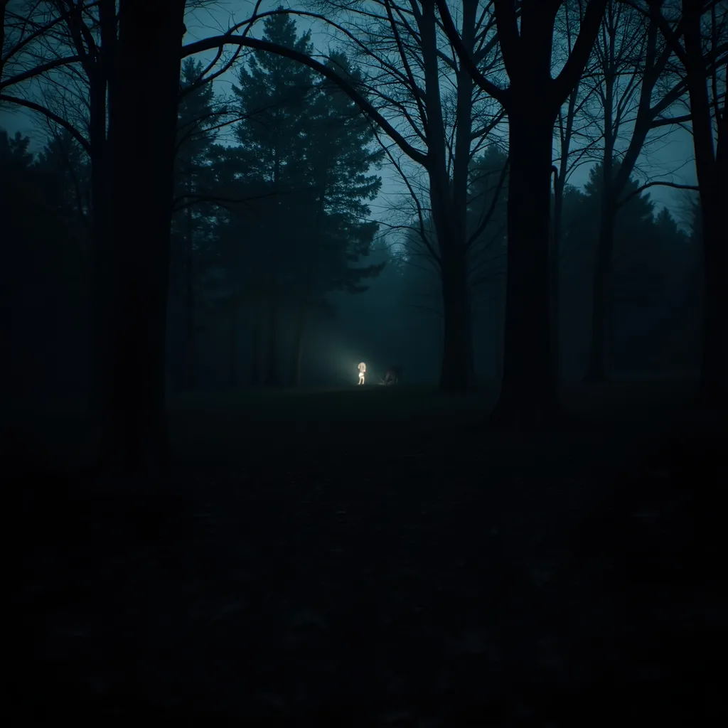 Prompt: Dark haunted forest, gnarled trees, dimly lit dark forest, ominous shadows creeping in, grainy texture enhancing the eerie atmosphere, cool tone colors, high contrast, intense camera flash illuminating parts of the creature, adding depth, suspenseful ambiance, feeling of lurking danger, blurry, low resolution,