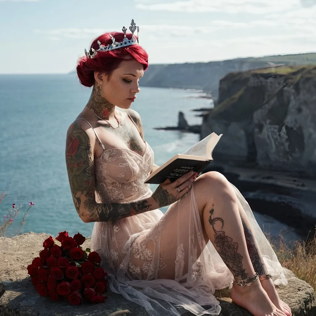 Prompt: Woman sitting on a cliff. Wearing a sheer dress. Tattooed. Piercings. Reading a book. Posed Looking out into the distance. Wearing a crown of roses.