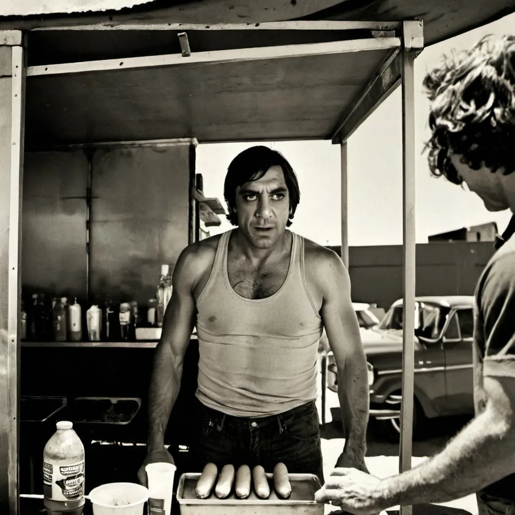 Prompt: No country for old men. Javier Ángel Encinas Bardem. Selling hot dogs at a hot dog stand.