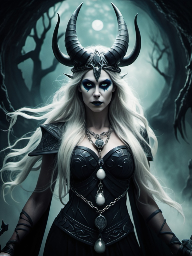 Prompt: Norse goddess Hel. Underworld setting. Mythical