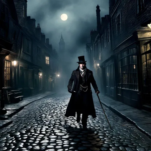 Prompt: <mymodel>(mymodel) man wearing top hat and wielding a cane and a knife, walking through old London streets, dark and mysterious atmosphere, moonlit night casting soft silvery light, cobblestone pathways reflecting faint glow, smoky fog swirling around historic buildings, dramatic shadows, high quality, cinematic depth, enchanting and eerie mood, capturing the essence of Victorian elegance.