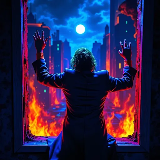 Prompt: joker from (DC Batman). perched on a window, hands in the air in triumph, gazing into a fiery cityscape, flames illuminated against a dark sky, dramatic tones, vivid reds and oranges, smoke swirling in the air, high detail, moody atmosphere, urban environment, nighttime, powerful contrast, cinematic lighting, ultra-detailed, surreal and intense emotional vibe. (Black light art)