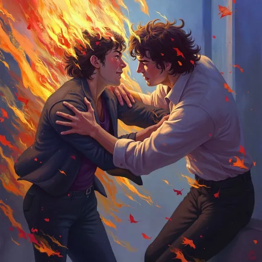 Prompt: (ultra-detailed) action scene of two men fighting, intense expressions, dynamic poses, dramatic motion blur, energy and tension in the air, modern urban background, dim lighting with highlighted faces, capturing raw emotions, powered by vibrant colors, conveying a sense of conflict and struggle, HD captivating atmosphere.