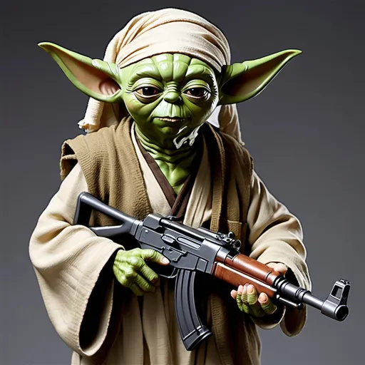 Prompt: Yoda with an ak-47, wearing a turban