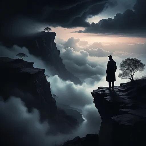 Prompt: Dark atmospheric landscape, (ethereal) misty scene, low visibility, (dramatic black silhouette) of a man standing on a cliff, gazing at (heavenly clouds) in the distance, moody lighting, twilight colors blending softly, rich contrast between the silhouette and the clouds, (highly detailed), inviting a sense of wonder and solitude, captivating the mysterious essence of the moment.