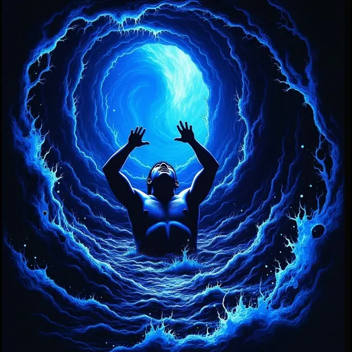 Prompt: Man sinking into a vortex, (half body), arms raised, (panicked expression), swirling dark waters, chaotic motion around him, shadows deepening, (intense colors), dramatic lighting illuminating his face, spiraling energies surrounding him, claustrophobic atmosphere, (4K ultra-detailed), high tension and desperation in the scene, impending doom evident with tumultuous waves crashing around.