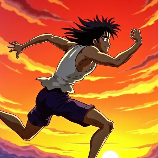 Prompt: (athletic man), running in motion, muscular physique, dynamic pose, sunset backdrop, warm golden hues mixing with deep orange skies, focused expression, wind tousled hair, strong shadows accentuating his form, feeling of freedom and exhilaration, natural landscape backdrop, (highly detailed), vibrant colors, crisp lines, ultra-realistic.