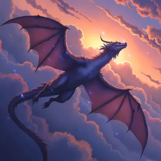 Prompt: (majestic dragon), vibrant scales with shimmering hues, intricate details and powerful wings, soaring through a dramatic sunset sky, creating a sense of awe, striking background with swirling clouds, richly saturated colors, ultra-detailed, mythic atmosphere, high-quality, cinematic ambiance, impressive artwork suitable for epic fantasy themes.