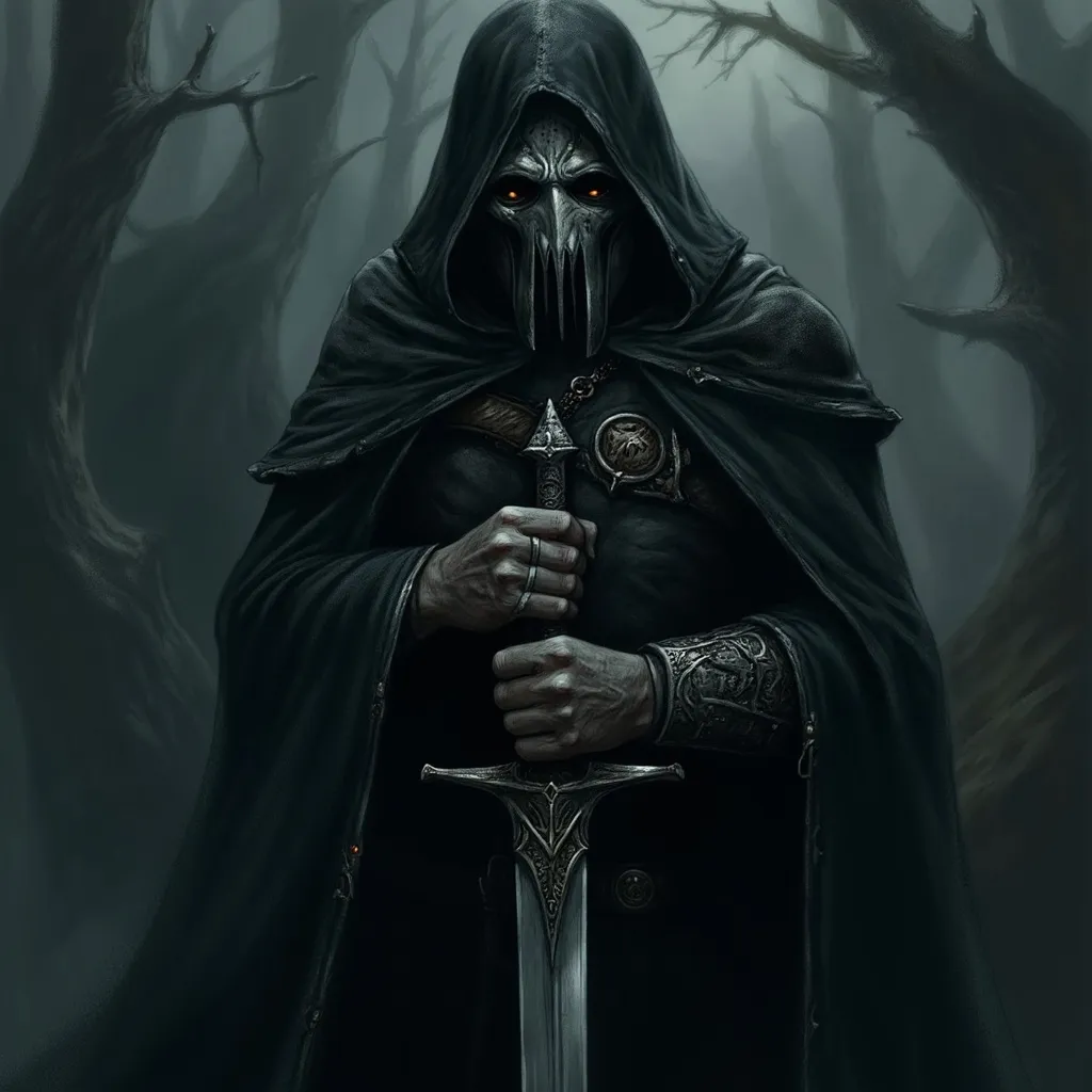 Prompt: Silver mask, black ornate armor, tattered cloak, pilgrim hat, bandolier, silver sword (glowing), moody and atmospheric lighting, high contrast shadows, epic fantasy scene, intricate details, darkened background with faint glimmers of light, captivating and mysterious vibe, focus on textures and craftsmanship, ultra-detailed, 4K quality.