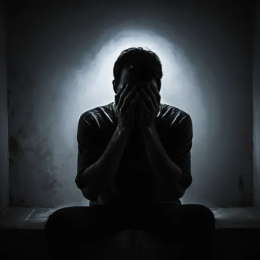 Prompt: Dark silhouette of a man sitting against a wall hands covering his face. Dark room, misty, mystical, hopeless, sorrowful, morning, morbid.