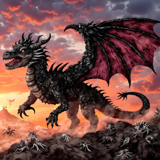 Prompt: (majestic dragon), vibrant scales with shimmering hues, intricate details and powerful wings, soaring through a dramatic sunset sky, creating a sense of awe, striking background with swirling clouds, richly saturated colors, ultra-detailed, mythic atmosphere, high-quality, cinematic ambiance, impressive artwork suitable for epic fantasy themes.