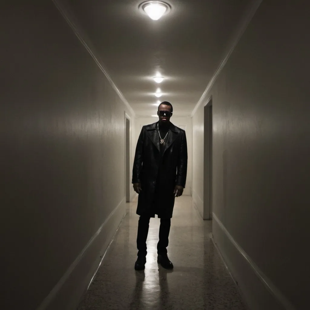 Prompt: Horror theme Sean "Diddy" Combs. Dark hallway blurry vision. Baby oil dripping from ceiling.