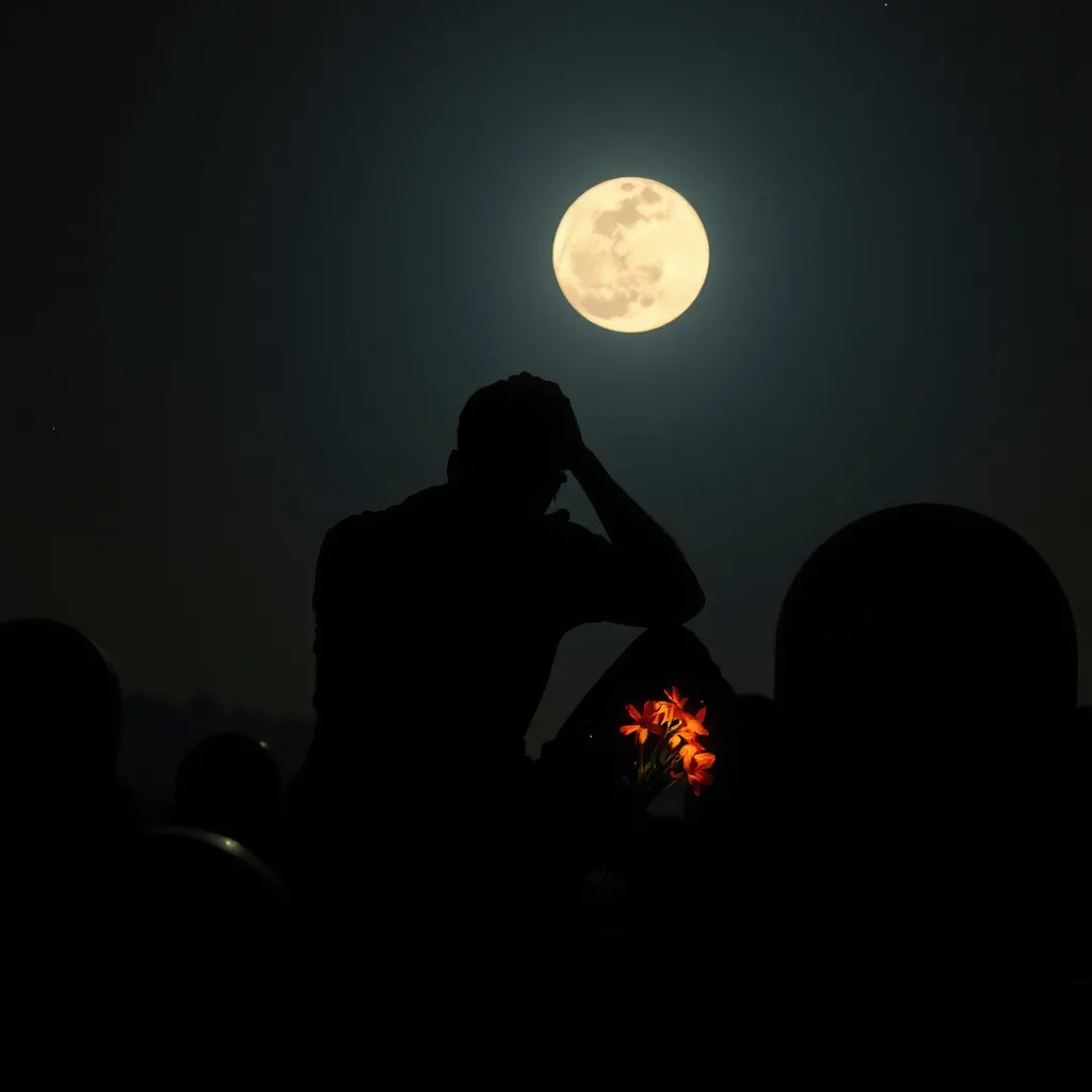 Prompt: Dark silhouette of a man sitting next to a grave stone. Hands on his head. Flowers on fire. Fireflies. Moonlit. Somber, gloomy. Starlit.