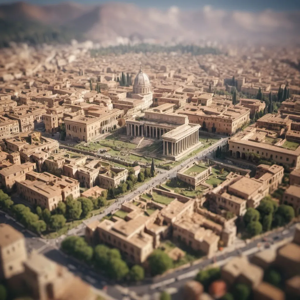 Prompt: aerial view, tilt-shift, isometric miniature world, detailed landscape world render of the fall of Rome