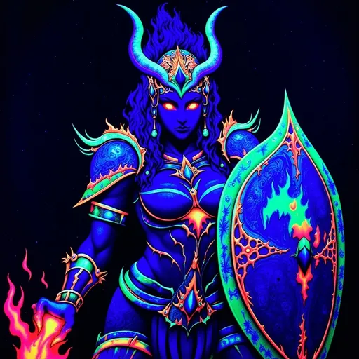 Prompt: Shield maiden, (black light art), fierce warrior, illuminated shield, glowing armor, dynamic pose, intricate patterns, mystical ambiance, dark background, vibrant colors glowing in contrast, fierce expression, ethereal lighting, ultra-detailed, high quality, fantasy theme, radiant highlights, mythical atmosphere.