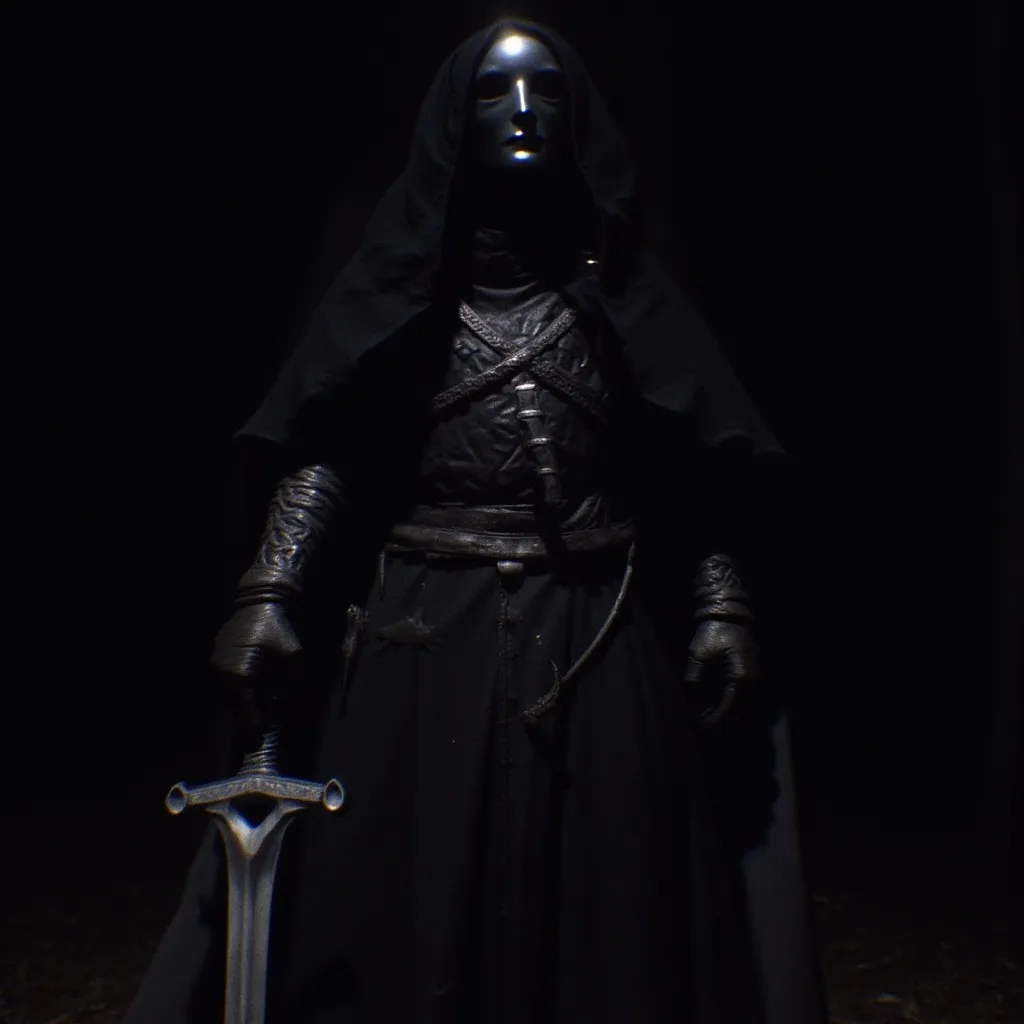 Prompt: Silver mask, black ornate armor, tattered cloak, pilgrim hat, bandolier, silver sword (glowing), moody and atmospheric lighting,low contrast shadows, standing in the dark, intricate details, darkened background with faint glimmers of light, captivating and mysterious vibe, focus on grainy textures, lowres.