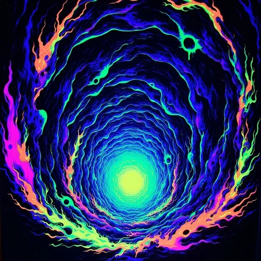 Prompt: (Giant void swirling with magical light), deep pit vortex, glowing neon colors, dark exterior, mysterious ambiance, energetic and ethereal light patterns swirling, grainy texture, low resolution for a vintage aesthetic, a surreal dream-like atmosphere. Capture the essence of magic and depth in this captivating scene. (Black light art)