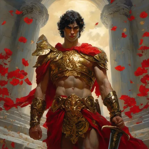 Prompt: <mymodel>Ares (Greek god of war), portrayed with intense and striking features, muscular physique, wearing ornate armor, holding a glistening sword, fierce expression, passionate and powerful stance, (dramatic lighting), (epic background of ancient ruins), (highly detailed), (mythological ambiance), vibrant colors of red and gold, evoking feelings of strength and valor, 4K resolution, ultra-detailed.