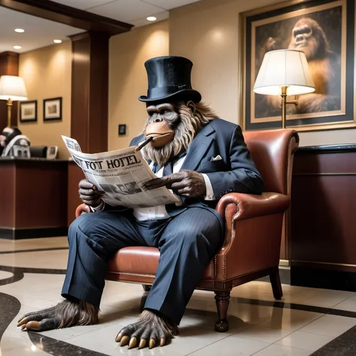 Prompt: Big foot in a hotel lobby sitting reading a news paper smoking a pipe. Dressed in a suit wearing a top hat.