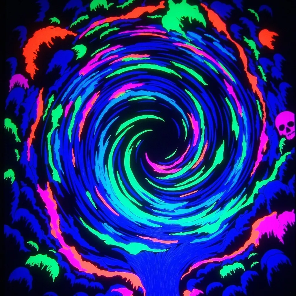 Prompt: (Giant void swirling with magical light), deep pit vortex, glowing neon colors, dark exterior, mysterious ambiance, energetic and ethereal light patterns swirling, grainy texture, low resolution for a vintage aesthetic, a surreal dream-like atmosphere. Capture the essence of magic and depth in this captivating scene. (Black light art)