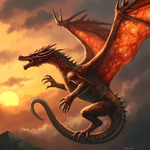 Prompt: (majestic dragon), vibrant scales with shimmering hues, intricate details and powerful wings, soaring through a dramatic sunset sky, creating a sense of awe, striking background with swirling clouds, richly saturated colors, ultra-detailed, mythic atmosphere, high-quality, cinematic ambiance, impressive artwork suitable for epic fantasy themes.